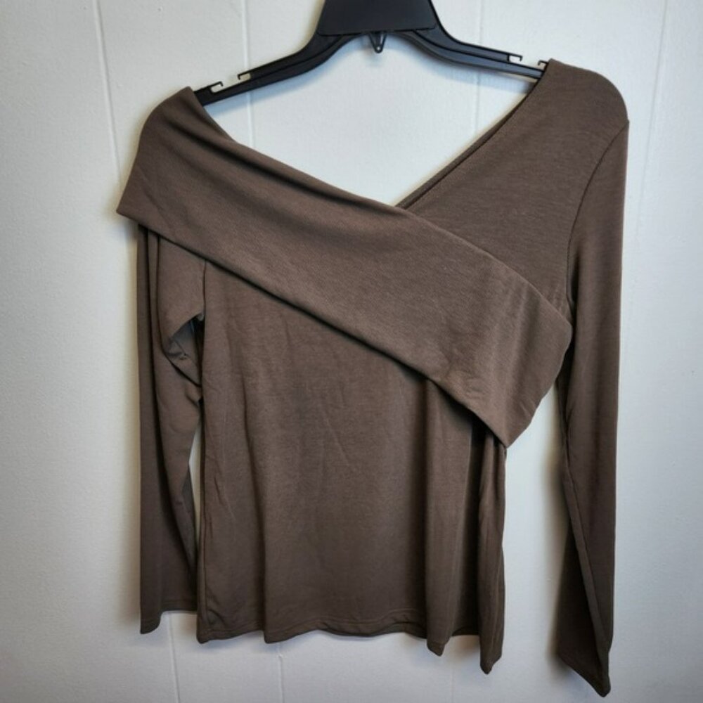 Pokwai Shirt Womens XL Brown Off Shoulder Long Sleeve Elegant Stretch Top New
